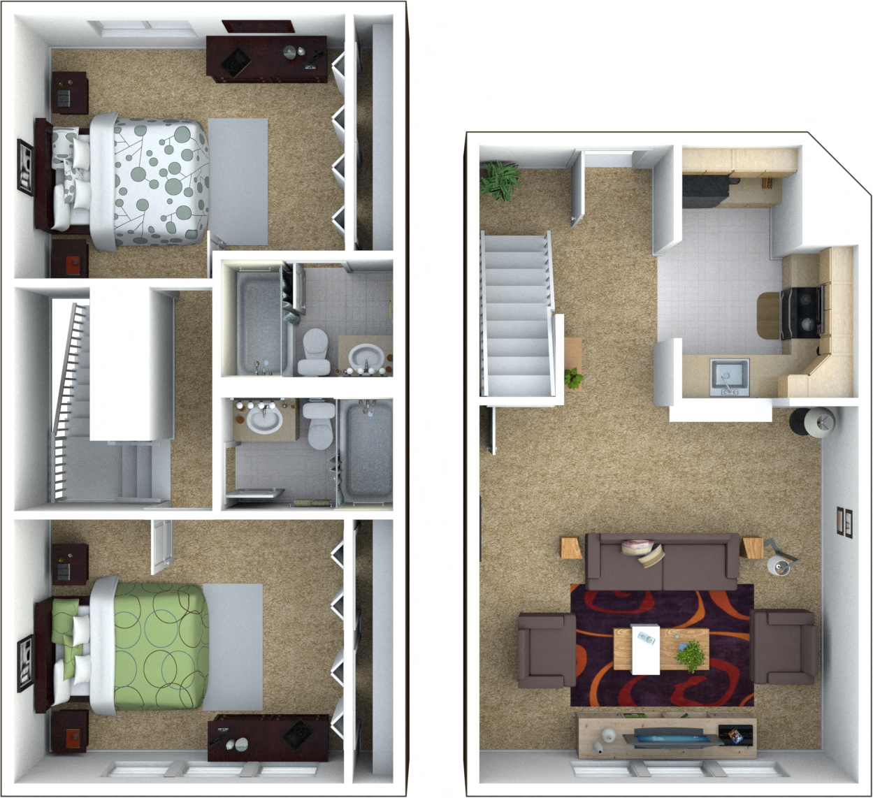 Floor plan for 2 beds, 2 baths, 964 sqft
